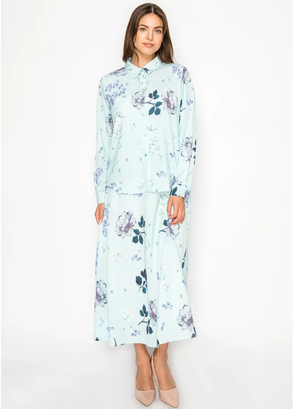 Aqua Floral Blouse and A-Line Skirt Set
