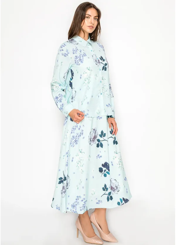 Aqua Floral Blouse and A-Line Skirt Set