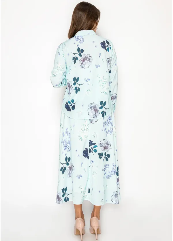 Aqua Floral Blouse and A-Line Skirt Set