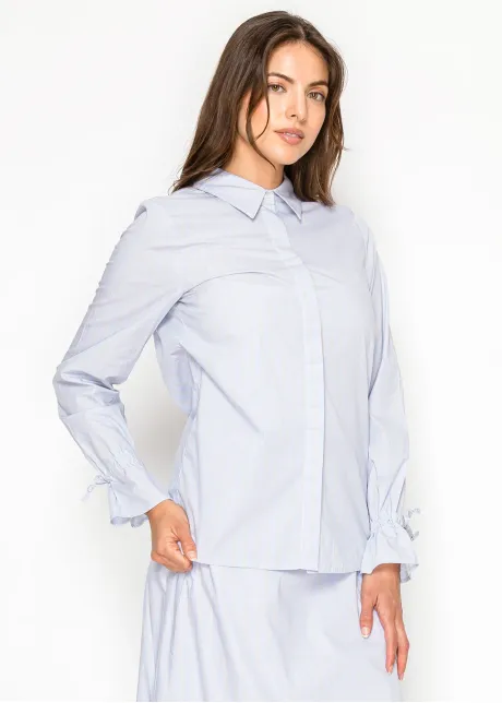 Blue Stripe Cotton Blouse with Tie Cuffs