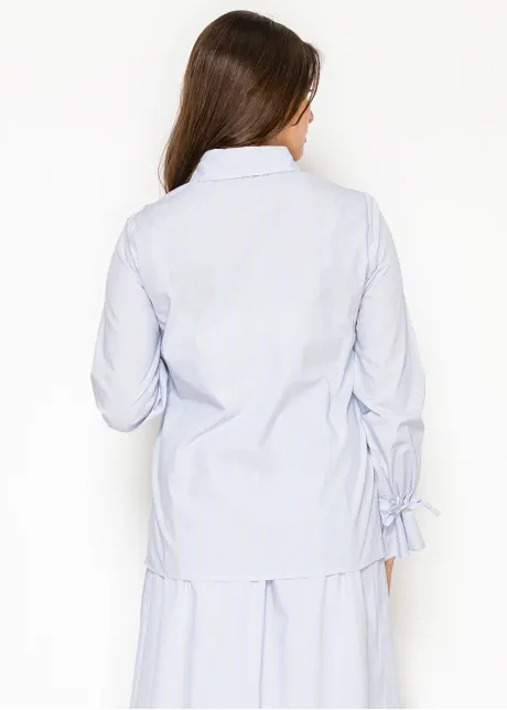 Blue Stripe Cotton Blouse with Tie Cuffs