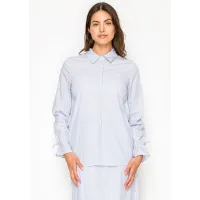 Blue Stripe Cotton Blouse with Tie Cuffs