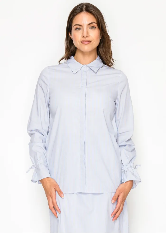 Blue Stripe Cotton Blouse with Tie Cuffs