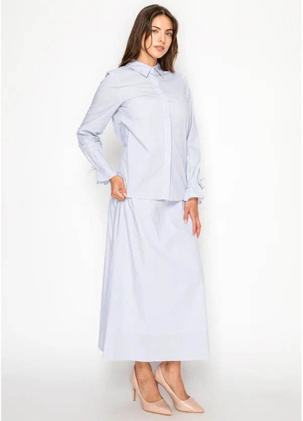 Soft Blue Stripe Button Blouse & Skirt Set