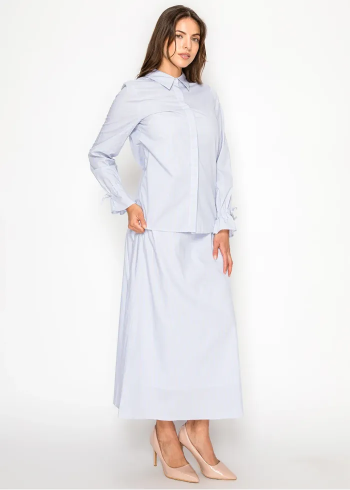 Soft Blue Stripe Button Blouse & Skirt Set