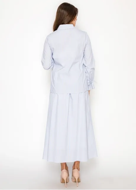 Blue Stripe Cotton Blouse with Tie Cuffs