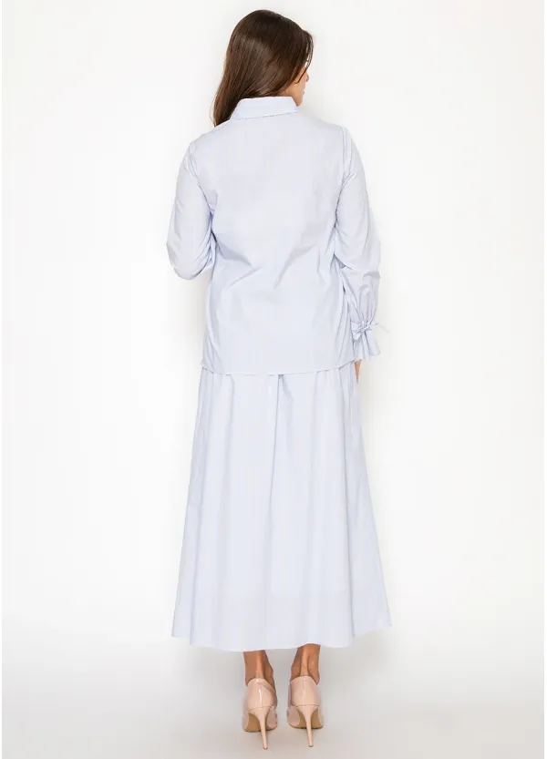 Soft Blue Stripe Button Blouse & Skirt Set
