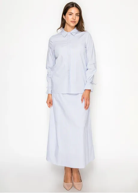 Blue Stripe Cotton Blouse with Tie Cuffs