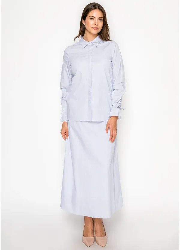 Soft Blue Stripe Button Blouse & Skirt Set
