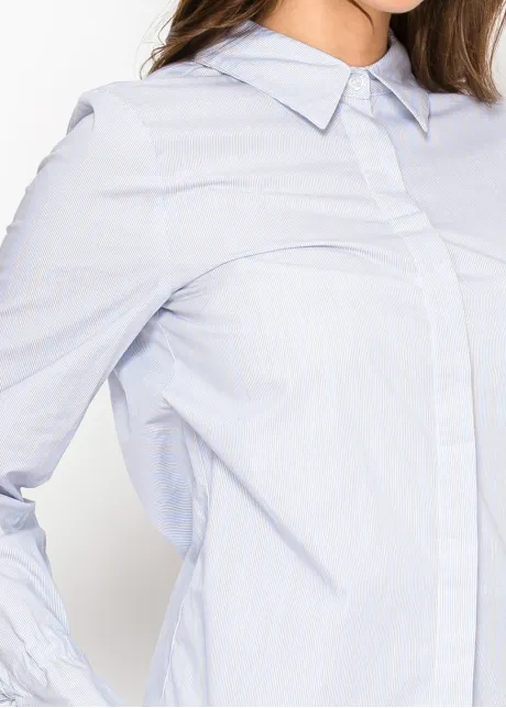 Blue Stripe Cotton Blouse with Tie Cuffs