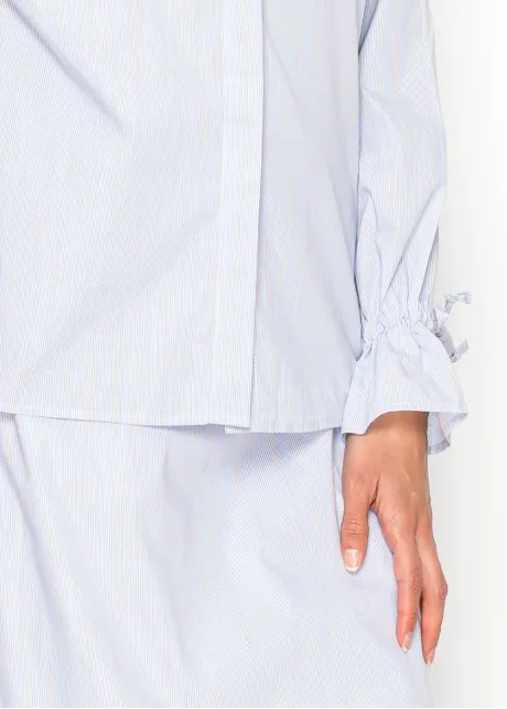 Blue Stripe Cotton Blouse with Tie Cuffs