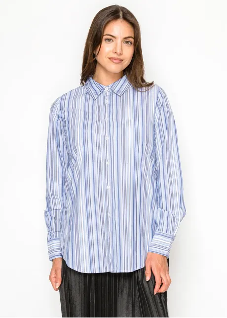 Blue Multi-Stripe Cotton Button Blouse
