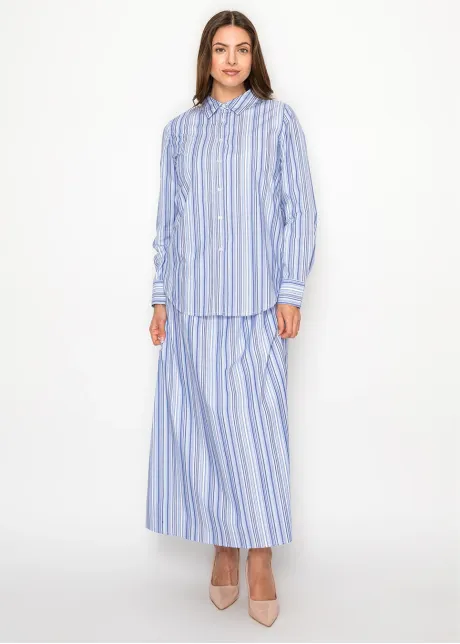 Blue Multi-Stripe Cotton Button Blouse