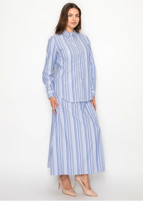 Blue Multi-Stripe Cotton Button Blouse