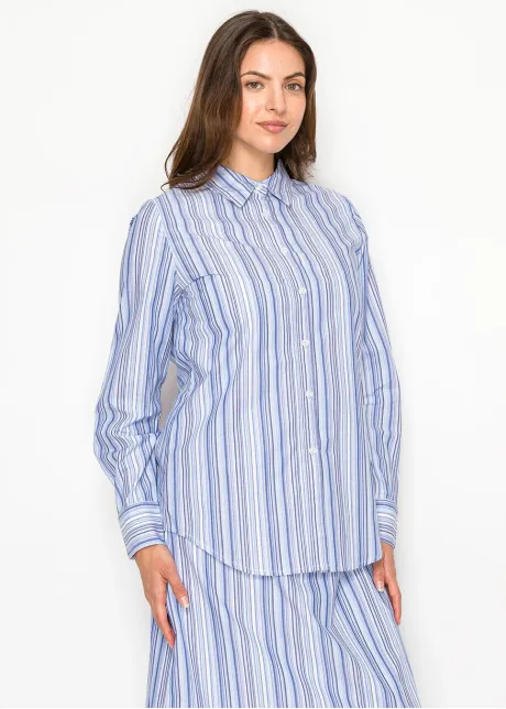 Blue Multi-Stripe Cotton Button Blouse