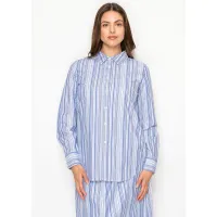 Blue Multi-Stripe Cotton Button Blouse