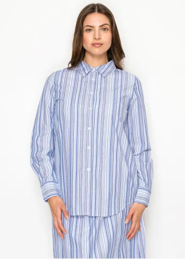 Blue Multi-Stripe Cotton Button Blouse