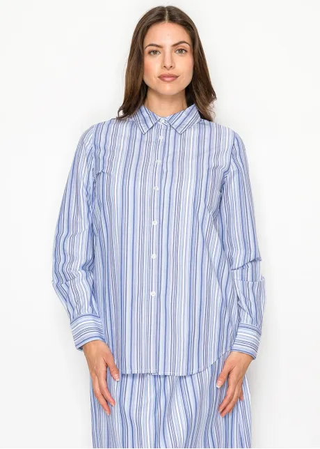 Blue Multi-Stripe Cotton Button Blouse