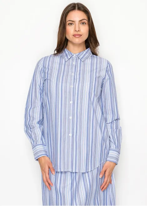 Blue Multi-Stripe Cotton Button Blouse