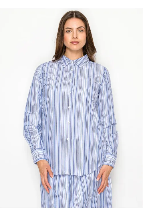 Blue Multi-Stripe Cotton Button Blouse