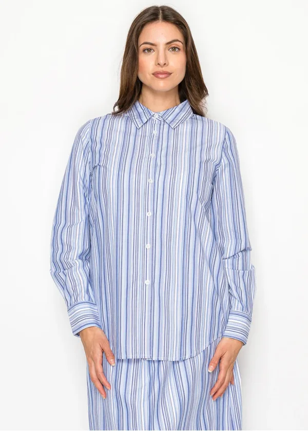 Blue Multi-Stripe Cotton Button Blouse