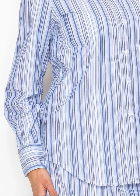 Blue Multi-Stripe Cotton Button Blouse