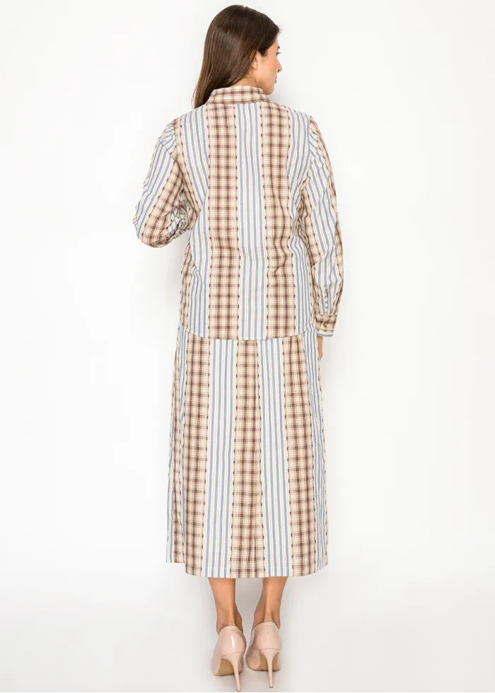 Plaid and Stripe Cotton Blouse and Skirt Set
