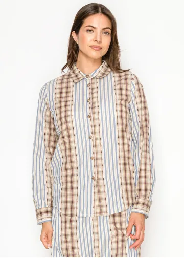 Plaid & Stripe Cotton Button Blouse