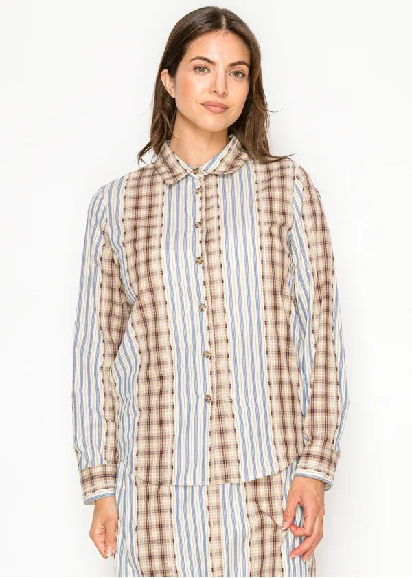 Plaid & Stripe Cotton Button Blouse