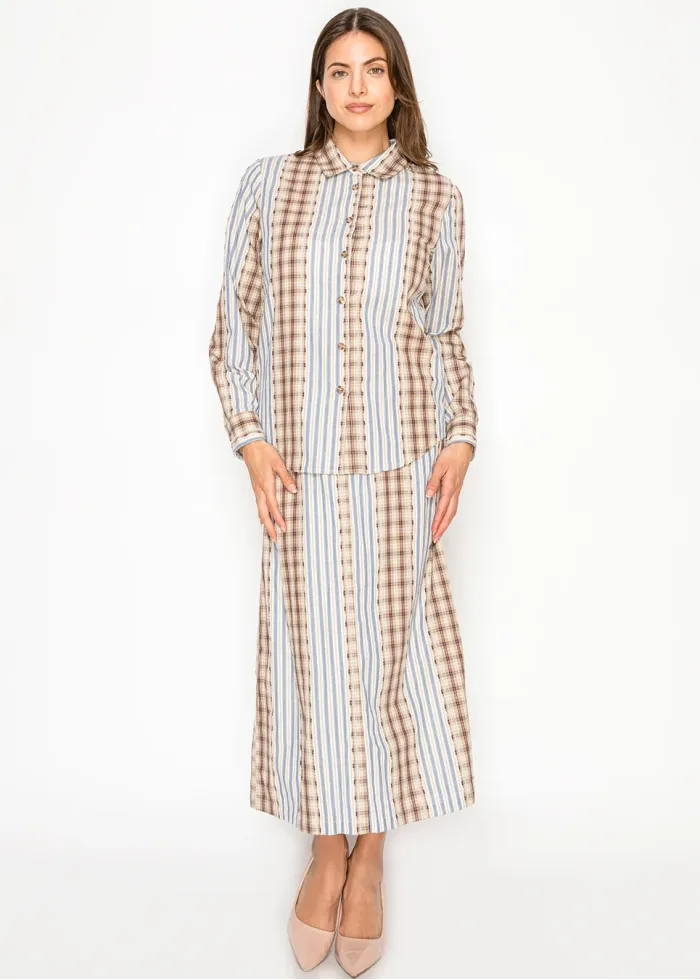 Plaid and Stripe Cotton Blouse and Skirt Set