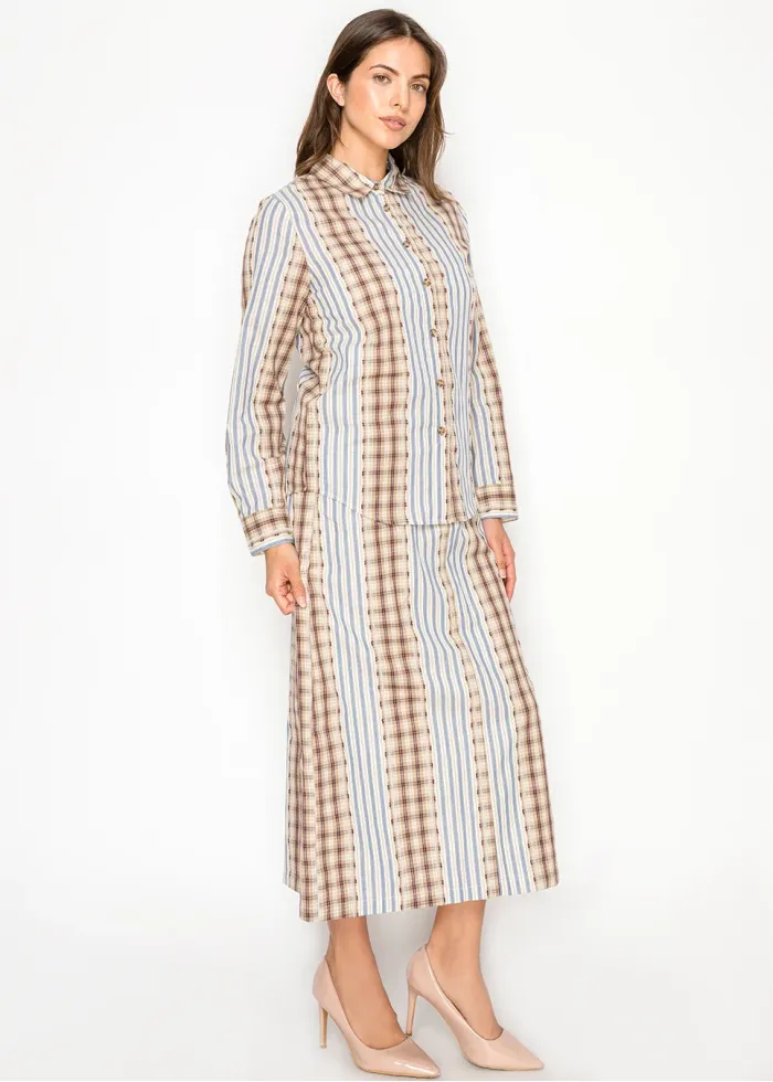 Plaid and Stripe Cotton Blouse and Skirt Set