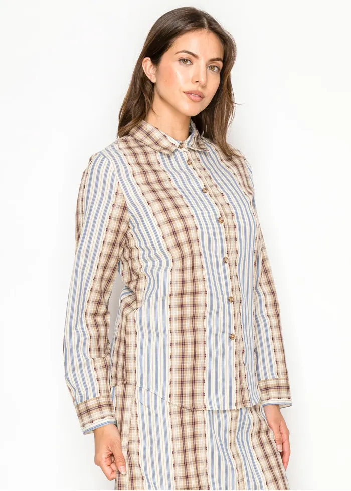 Plaid & Stripe Cotton Button Blouse
