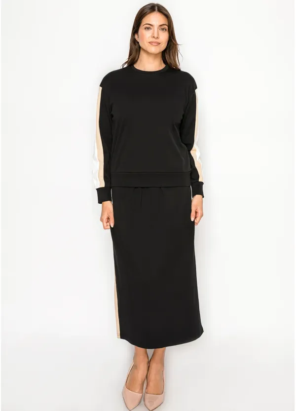 Black Colorblock Sleeve Top & Midi Skirt Set
