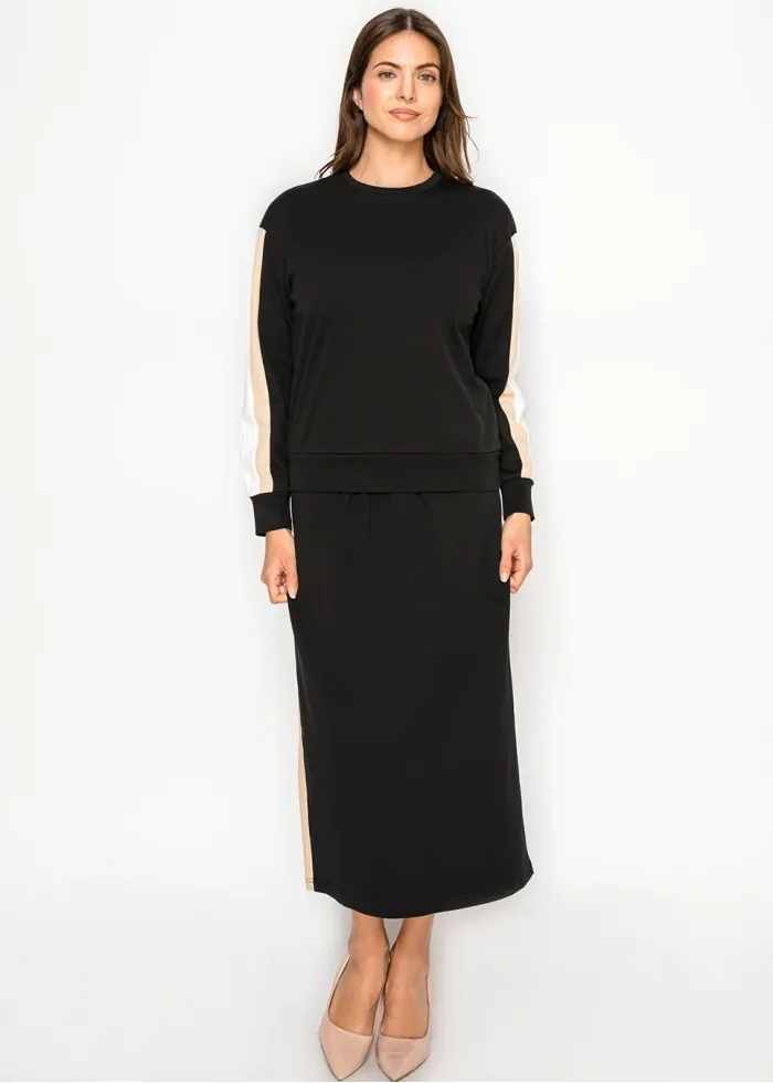 Black Colorblock Sleeve Top & Midi Skirt Set