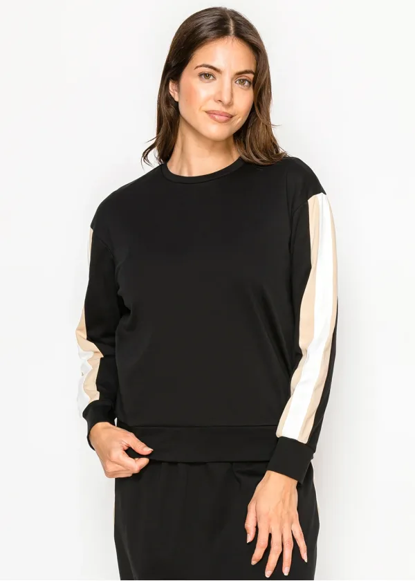 Black Cotton Tee with Colorblock Sleeves