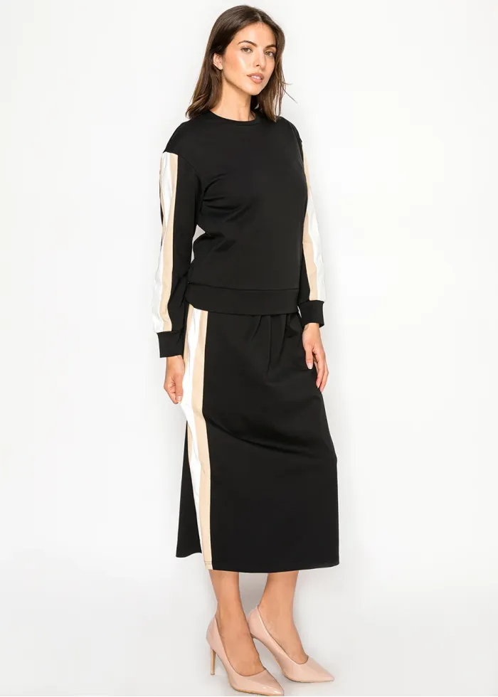 Black Colorblock Sleeve Top & Midi Skirt Set