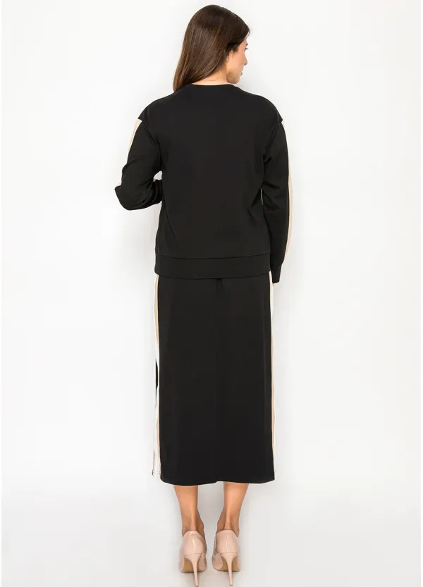Black Colorblock Sleeve Top & Midi Skirt Set