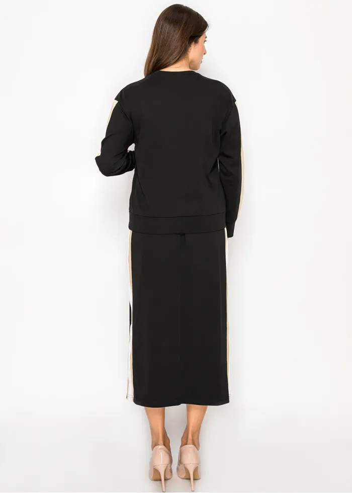 Black Colorblock Sleeve Top & Midi Skirt Set