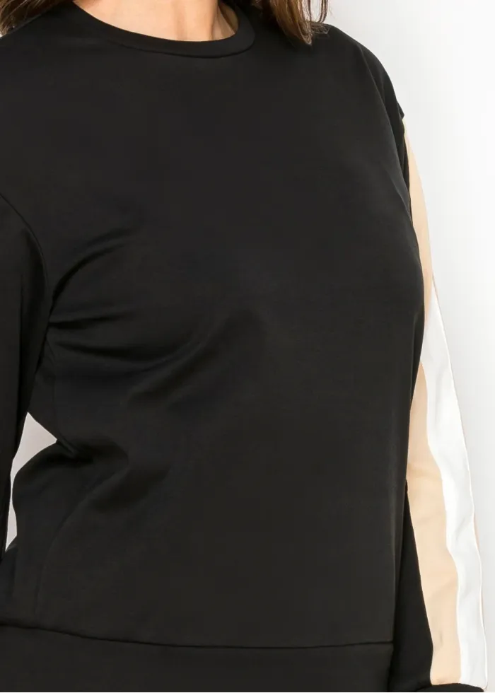 Black Cotton Tee with Colorblock Sleeves