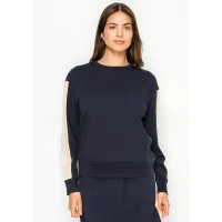 Navy Crew Neck Top with Side Stripe Detail