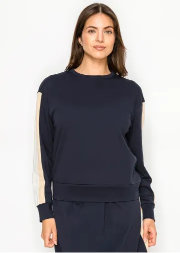 Navy Crew Neck Top with Side Stripe Detail