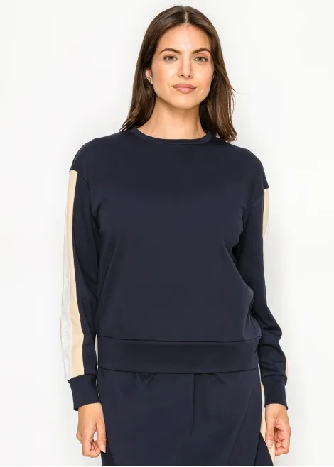 Navy Crew Neck Top with Side Stripe Detail