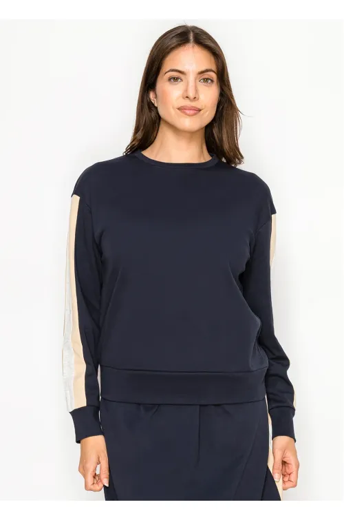 Navy Crew Neck Top with Side Stripe Detail