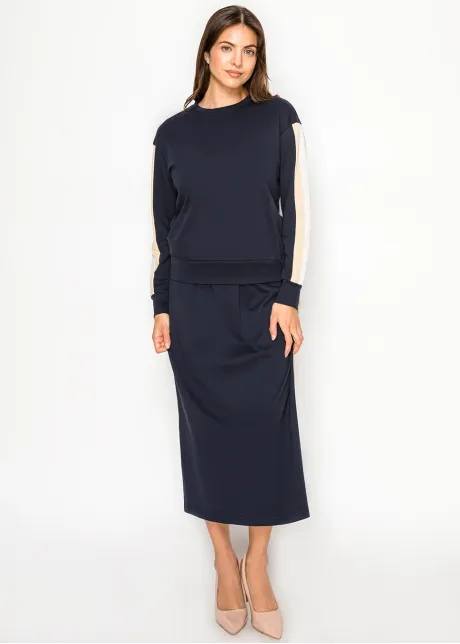 Navy Crew Neck Top with Side Stripe Detail