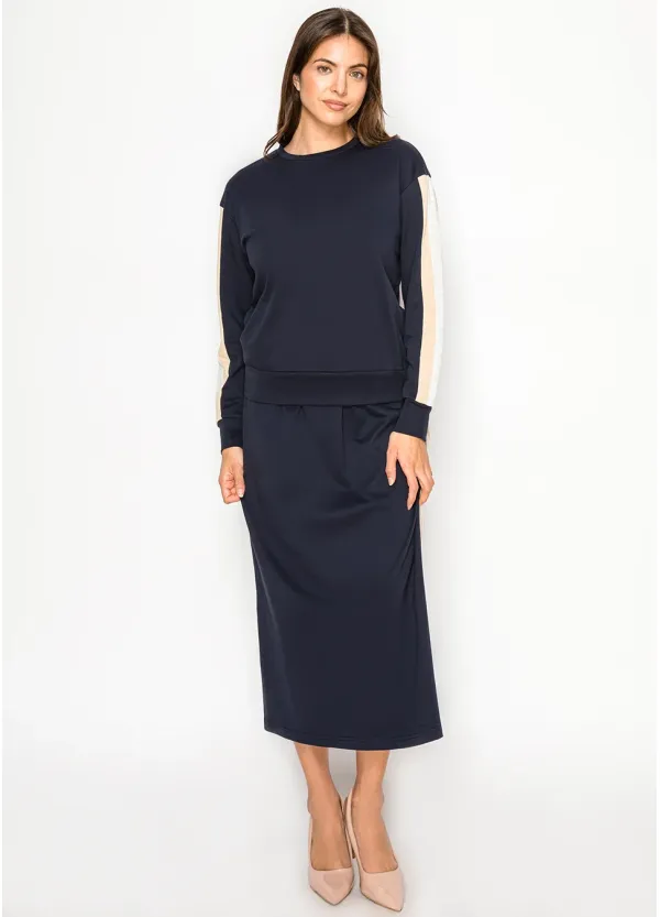 Navy Stripe Panel Sweatshirt and Midi Skirt Set