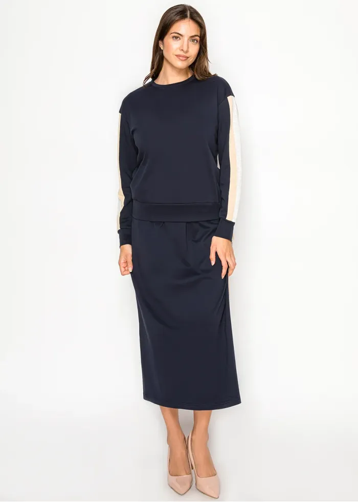 Navy Midi Skirt with Contrast Side Stripe Panel