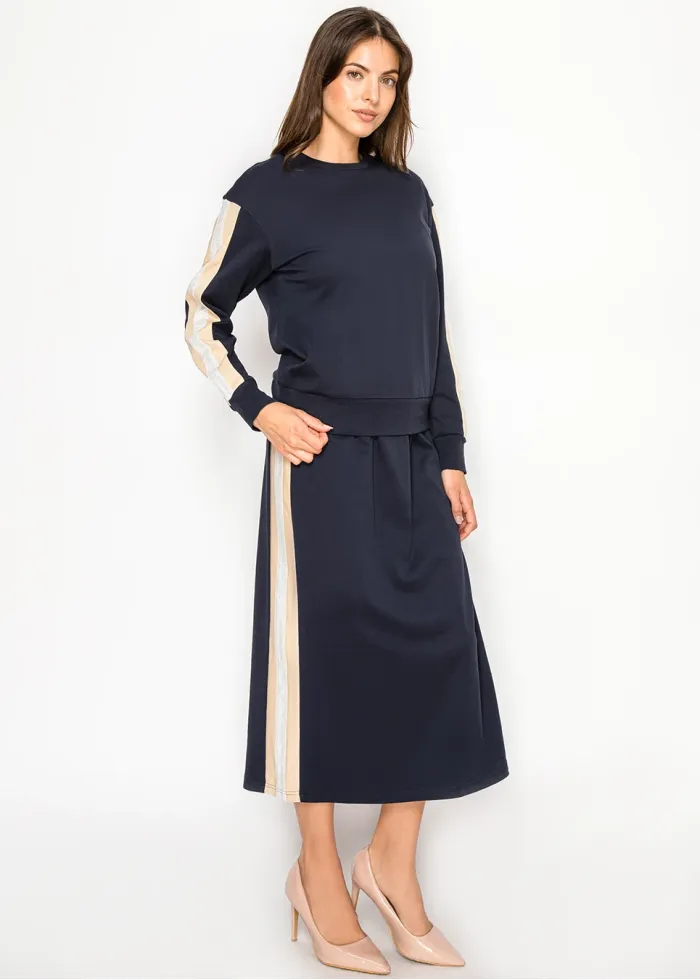 Navy Midi Skirt with Contrast Side Stripe Panel