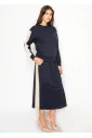 Navy Crew Neck Top with Side Stripe Detail