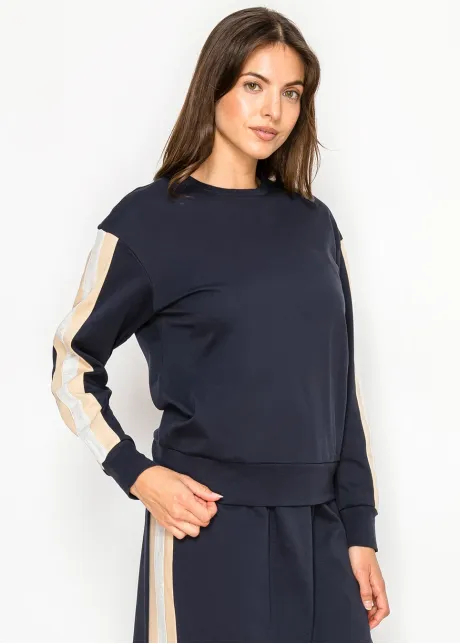 Navy Crew Neck Top with Side Stripe Detail