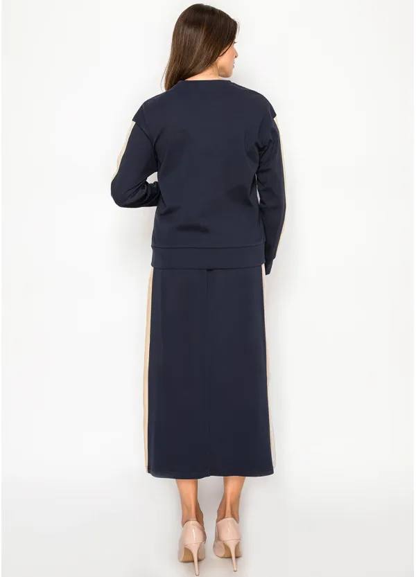 Navy Stripe Panel Sweatshirt and Midi Skirt Set